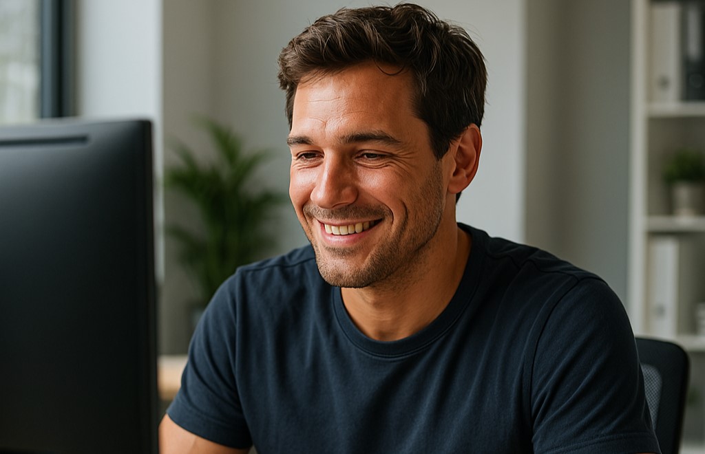 homme souriant au bureau